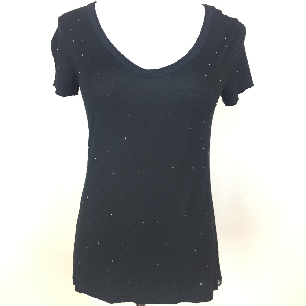 Rock & Republic Black Top T-Shirt Rhinestone Small